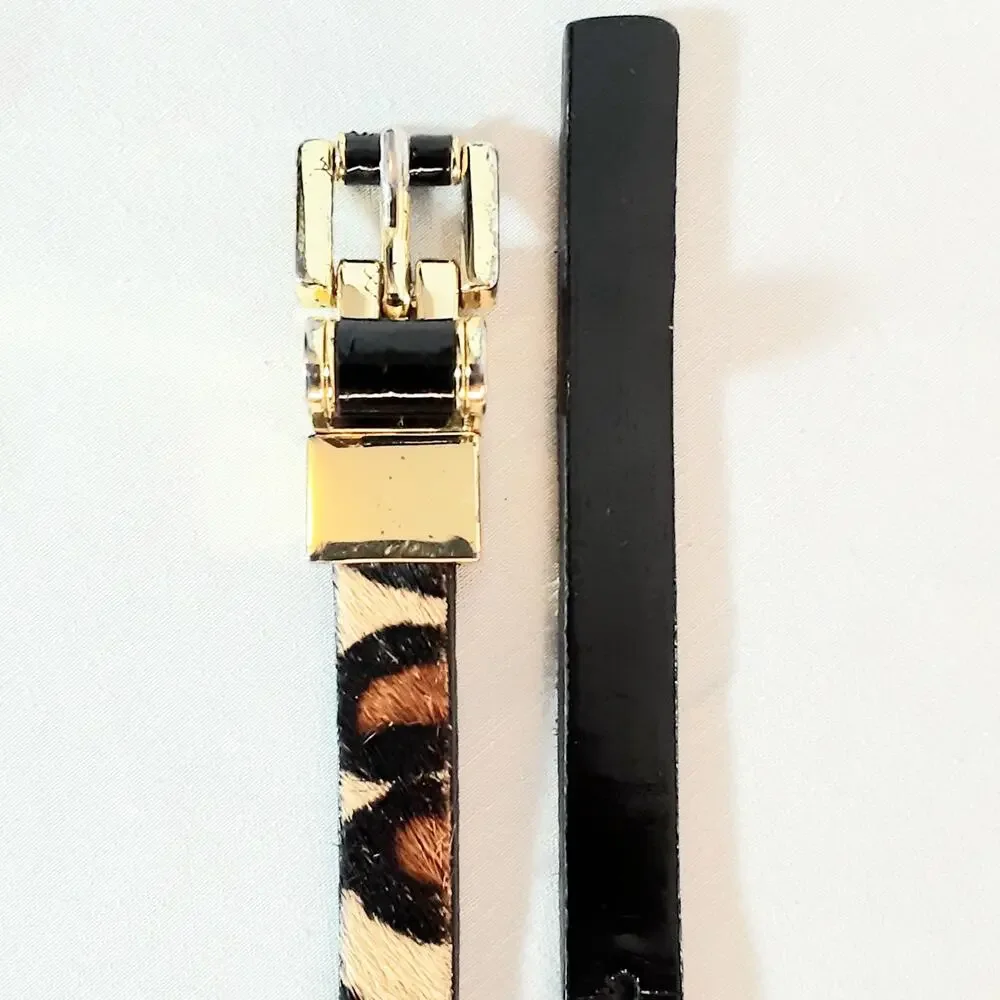 Womens Skinny Black Patent Leather Fuzzy Chita Print Reversable Belt Size Large